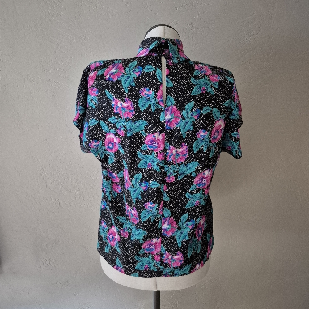 Vintage 80s Pink Floral And Dots Black Blouse Women's Top 12 - Picture 4 of 9